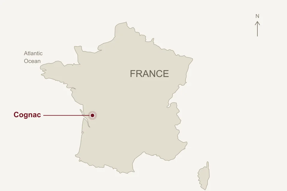 Map of metropolitan France with Cognac marked in the southwest, near the Atlantic coast.